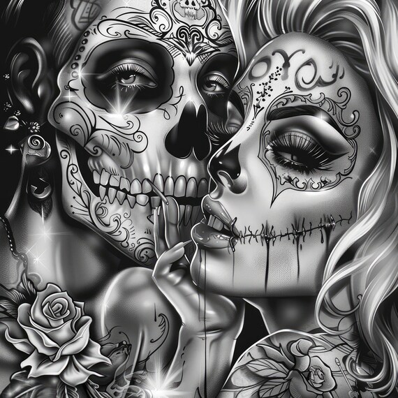 Attractive Woman Skull Chicano Art, 13 Images, Day of the Dead