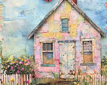 13 Whimsical Houses Printable Art Images, Digital Download Clipart, Quirky Digital Paper Mixed Media Farm Homes Junk Journal Art Card Making