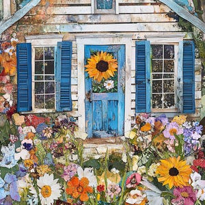 Imágenes de arte imprimibles de casas extravagantes, imágenes prediseñadas de descarga digital, tarjetas de arte de diario basura con papel digital peculiar y técnica mixta para casas de granja