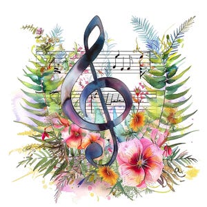 Aquarel muzikale bloemen clipartbundel, solsleutel met bloemen, digitale kunst met muziekthema, 14 jpg-afbeeldingen met hoge resolutie, afdrukbare kunst
