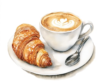 Watercolor Coffee Cup & Croissant Clipart | Café Art (Digital Download)