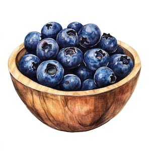 Borówki w drewnianej misce Clipart | 12 wysokiej jakości JPG | 4098x4098 px | 300 DPI | Rustykalna sztuka owocowa do wystroju kuchni i projektów rzemieślniczych