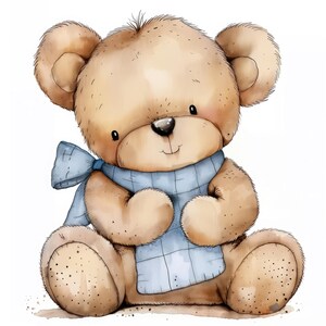 5 lindos ursinhos de pelúcia aquarela clipart PNGs download digital, ursinho de pelúcia chá de bebê aniversário berçário fundo transparente urso PNG