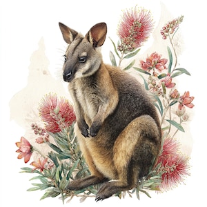 May include: Watercolor illustration of a wallaby with brown and tan fur, surrounded by red and pink bottlebrush flowers and green foliage. The wallaby is depicted in a naturalistic style, with detailed fur and expressive eyes. The artwork has a soft, painterly quality.