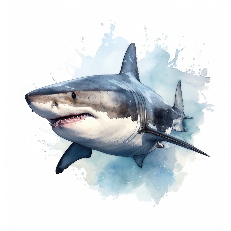 May include: A watercolor painting of a great white shark swimming in the ocean. The shark is depicted with realistic detail, including its sharp teeth and powerful body. The background is a soft blue watercolor wash, suggesting the water.