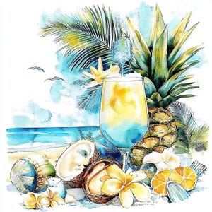 12 cocktail ad acquerello sulla spiaggia con palme Clipart Set – 12 JPG ad alta risoluzione per download digitale
