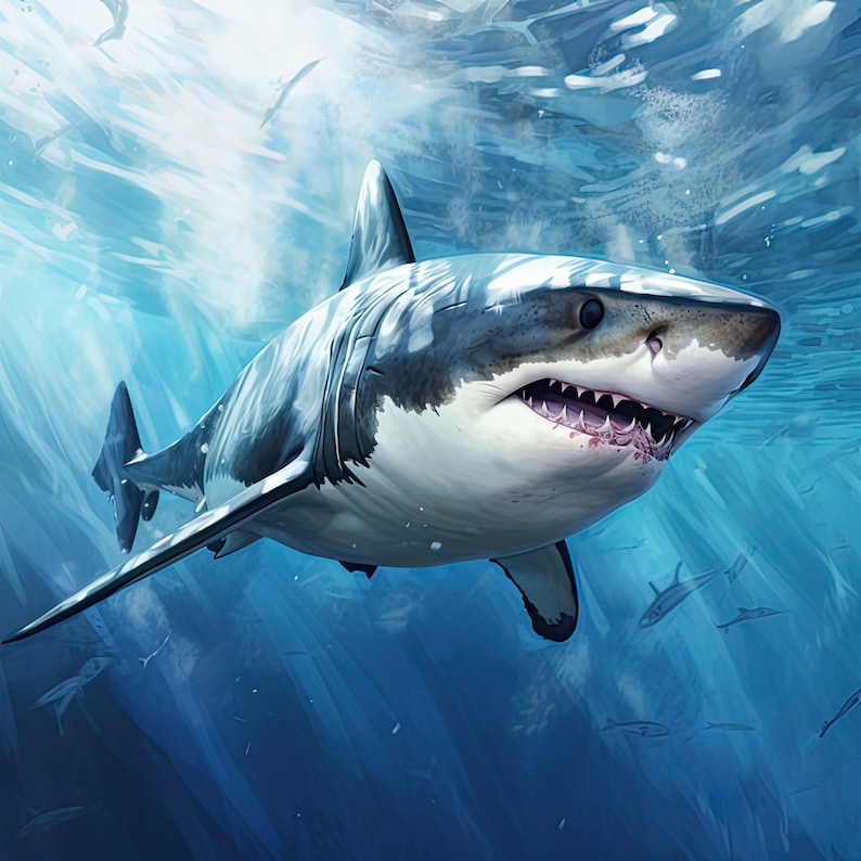 May include: A large great white shark swims through the water with its mouth open, revealing sharp teeth. The shark is white with black markings and is surrounded by blue water.