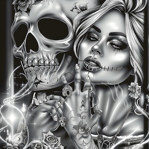 Attraktive Frau Schädel Chicano Art Clipart, 13 hochwertige JPGs, mexikanischer Tag der Toten, Chola Chicana Kartenherstellung, Clip Art