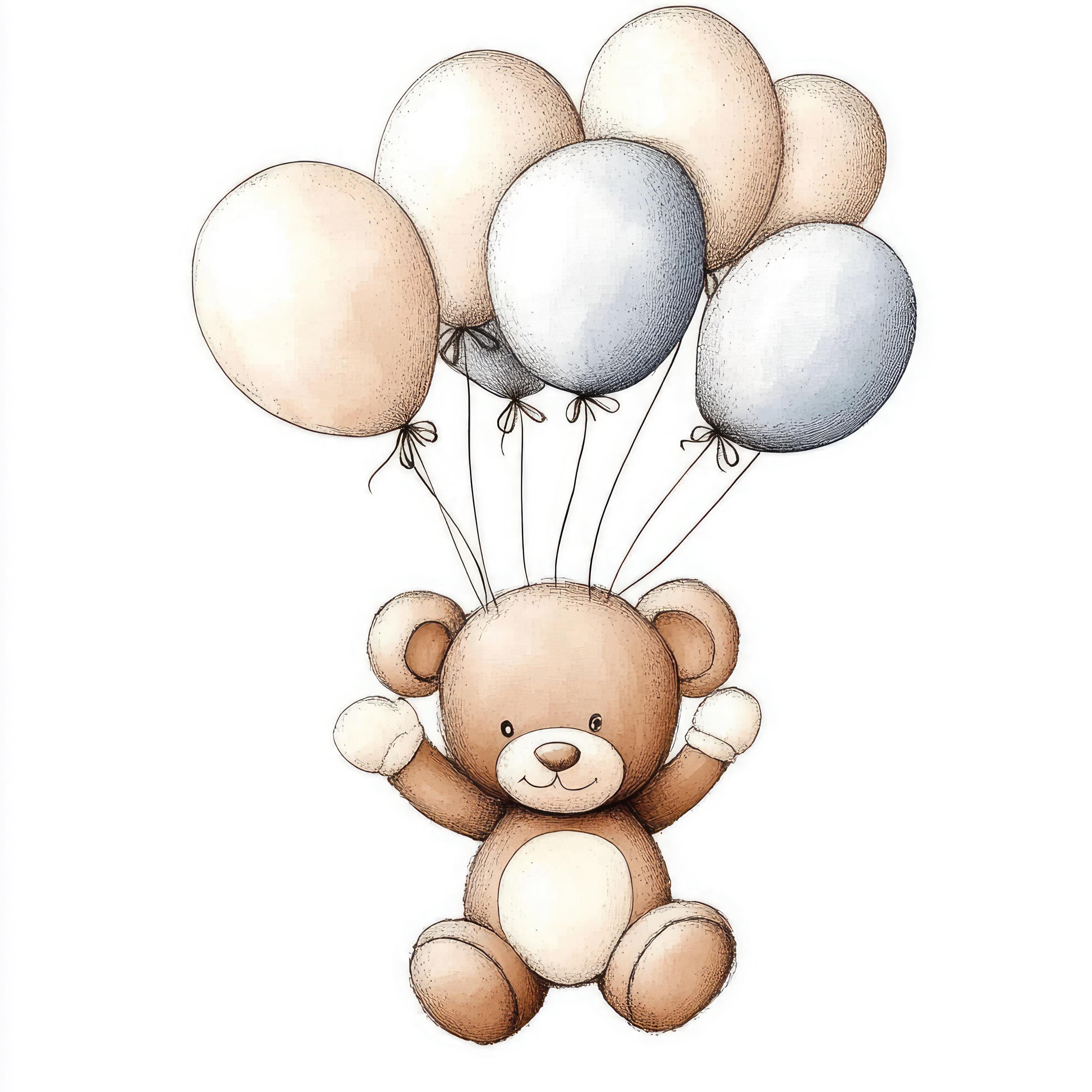 Teddy Bear With Balloons Clipart: Watercolor Nursery Art (PNG & JPG) - Etsy