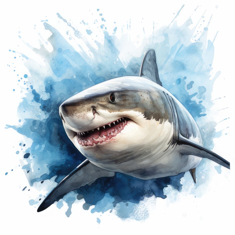 May include: A watercolor painting of a great white shark with its mouth open, showing its sharp teeth. The shark is swimming towards the viewer, and the background is a blue watercolor wash.
