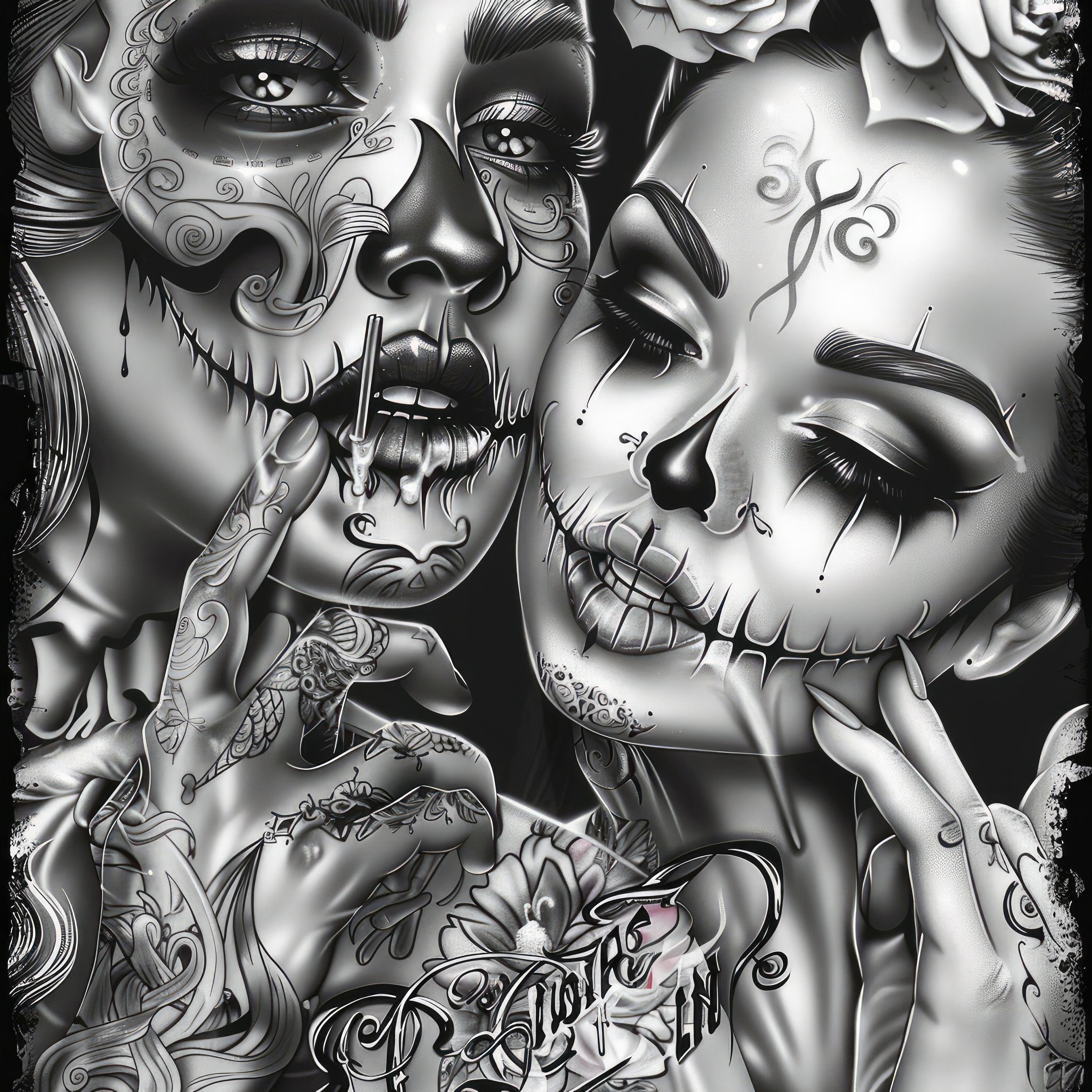 Attractive Woman Skull Chicano Art Clipart, 12 High Quality Jpgs
