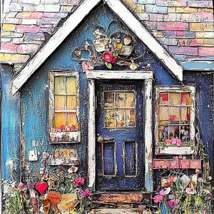 Images d'art imprimables maisons fantaisistes, clipart en téléchargement numérique, maison de ferme technique mixte papier numérique original | Création de cartes artistiques pour journal indésirable
