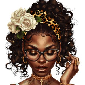 May include: A digital illustration of a woman with dark brown curly hair wearing a leopard print headband with white roses, gold hoop earrings, gold-rimmed glasses, and a gold chain necklace with a cross pendant.