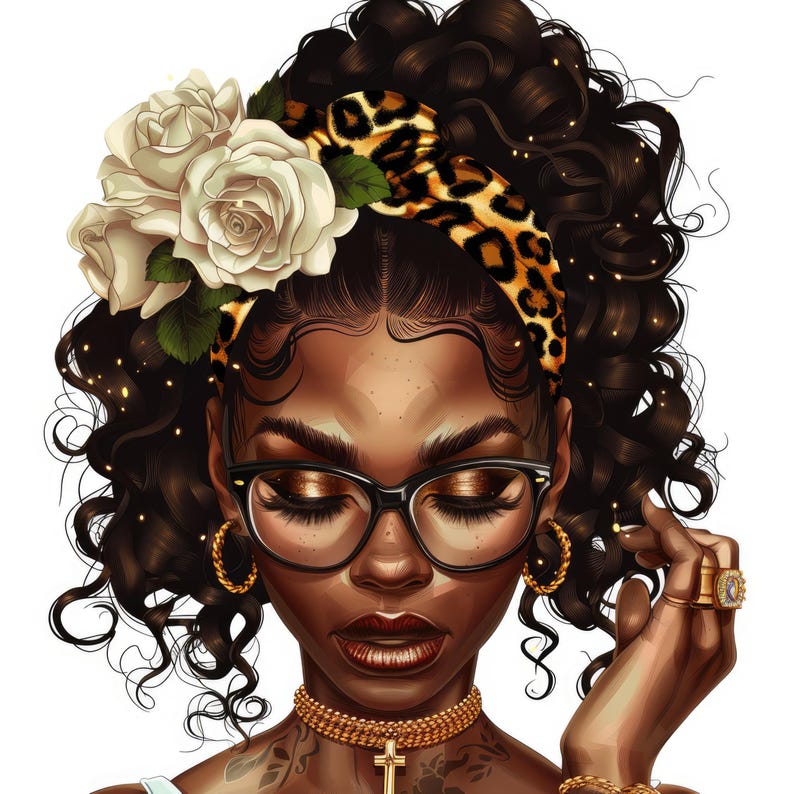 May include: A digital illustration of a woman with dark brown curly hair wearing a leopard print headband with white roses, gold hoop earrings, gold-rimmed glasses, and a gold chain necklace with a cross pendant.