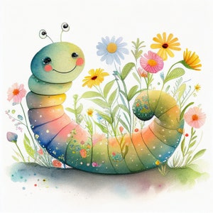 Happy Worm in Flowers Clipart 6 High Quality Jpgs Digital Download Card
