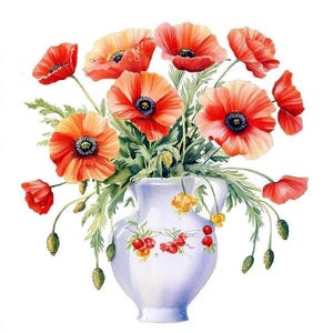 Bundle de cliparts vase aquarelle coquelicot, 10 images numériques florales, art fleur de pavot rouge, clipart bouquet de pavot, clipart aquarelle floral