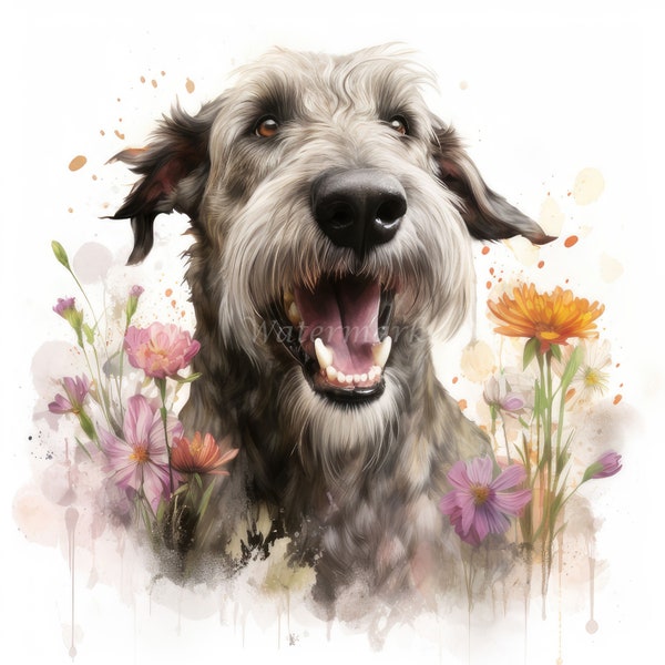 Irish Wolfhound Dog with Flowers Clipart, 12 High Quality JPGs, Junk Journals, 300 DPI, Digital Download, Watercolor, Commercial Use