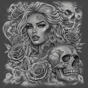 Attraktive Frau Schädel Chicano Art Clipart, 15 hochwertige JPGs, mexikanischer Tag der Toten, Chola Chicana Kartenherstellung, Clip Art