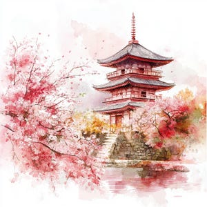 Watercolor Japanese Temple Clipart: Cherry Blossom Pagoda Art (Digital Download)