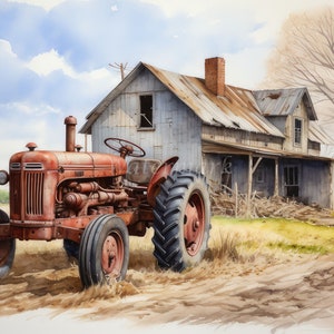 Imágenes prediseñadas de graneros de granja, 11 archivos JPG de alta calidad, paisaje de tractor de granja, acuarela, descarga digital, diseño, impresiones/uso comercial