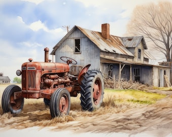Farmhouse Watercolor Clipart: Barns, Tractor, Landscape (Digital Download)