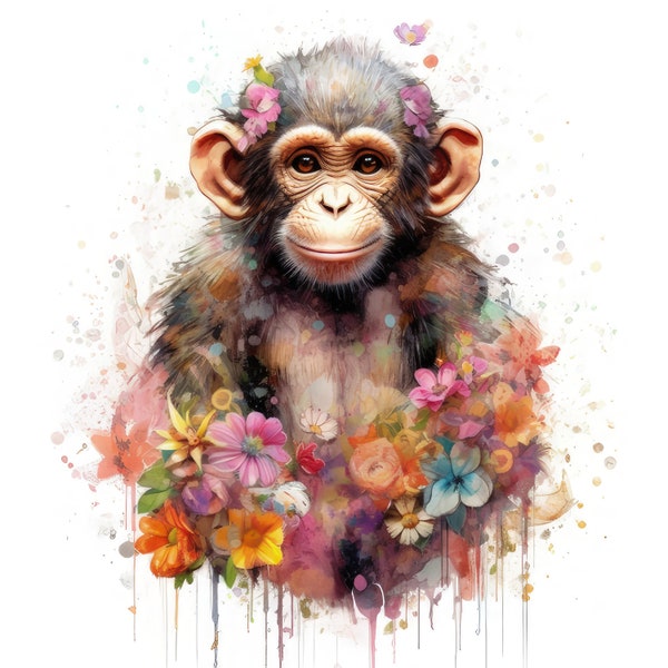 Cute Monkey with Flowers Clipart, 10 High Quality JPGs | High Resolution | 300 DPI | Instant Digital Download, Personal & Commercial Use