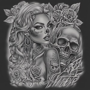 Chicano Tattoo Art: Woman Portrait - High-Resolution JPGs (Commercial Use Digital Download)