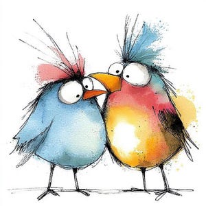 Pacote de clipart de pássaros caprichosos | 15 ilustrações engraçadas de pássaros fofos JPGs | 300 DPI | Pássaros aquarela peculiares para artesanato e materiais para impressão