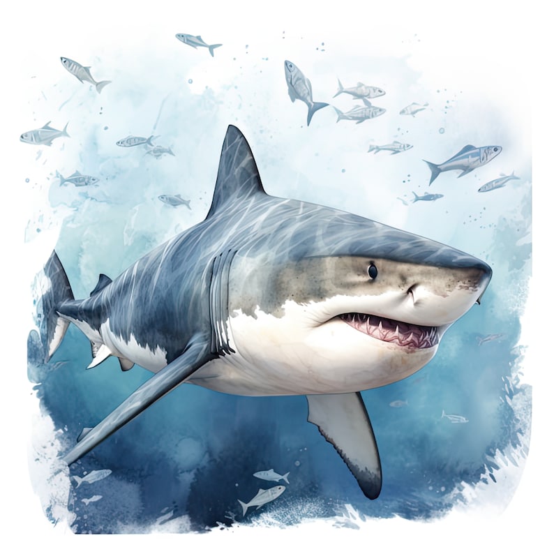 May include: A large great white shark swims through the water with its mouth open, revealing sharp teeth. The shark is surrounded by a school of smaller fish.
