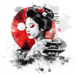 Geisha japonesa en acuarela: 16 imágenes JPG, sol rojo, arte oriental, descarga digital para sublimación, mujer japonesa
