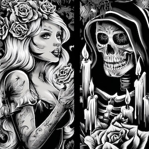 Attractive Woman Skull Chicano Art Clipart, 15 JPGs, Day of the Dead, Chola Chicana