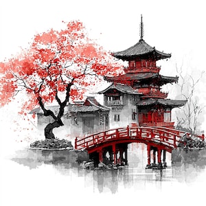 May include: Watercolour painting of a Japanese pagoda with a red bridge and a vibrant red tree. The artwork features a black and white background with red accents, creating a striking contrast. The pagoda is a multi-tiered structure.