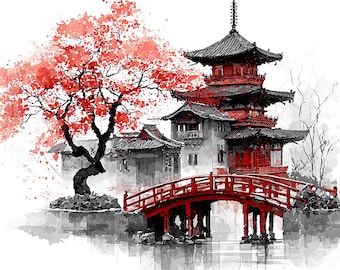 Clipart acquerello di un tempio giapponese: Pagoda dei fiori di ciliegio (arte digitale)