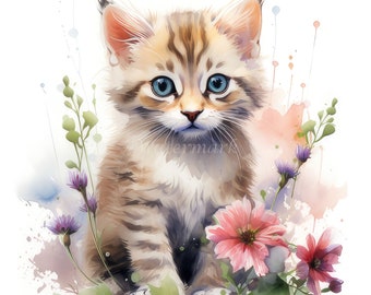 Kitten and Flowers Clipart - 12 High Quality JPGs - Digital Download - Card Making, Cat Clip Art, Digital Paper Craft