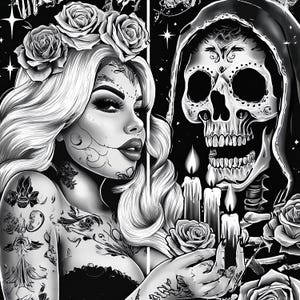 Attractive Woman Skull Chicano Art Clipart, 15 JPGs, Day of the Dead, Chola Chicana