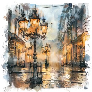 Imágenes prediseñadas de acuarela de calles de ciudades europeas con faroles: 16 imágenes JPG, pueblos históricos, paisajes nocturnos de ensueño, arte digital para sublimación