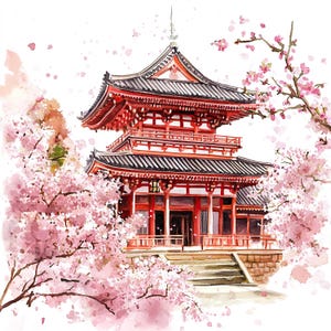 22 imágenes prediseñadas de templos japoneses en acuarela / Arte digital de pagodas de cerezos en flor / Ilustraciones de arquitectura asiática / JPG de alta resolución de 300 DPI