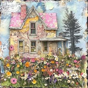 Fantazyjne domy do wydrukowania obrazy sztuki, cyfrowe pobieranie clipartów, dziwaczne cyfrowe papiery mieszane media domy na farmie | Junk Journal Art Card Making