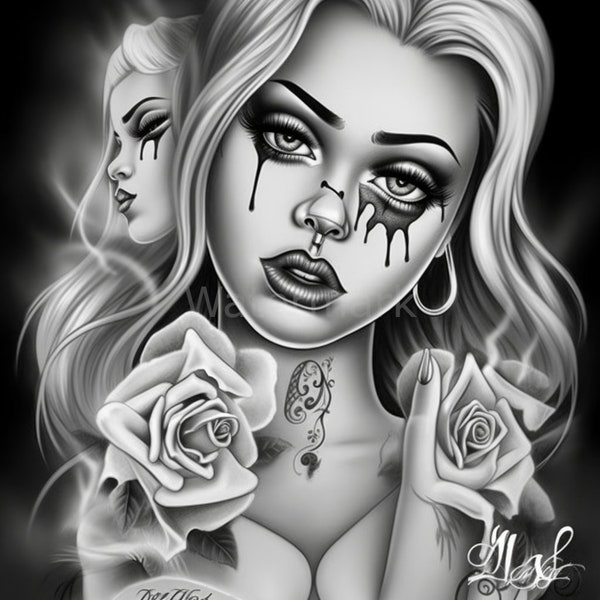 Attractive Woman Chicano Tattoo Art - 26 High Quality PNGs - Digital Planner, Junk Journaling, Day of the Dead Art, Commercial Use Digital