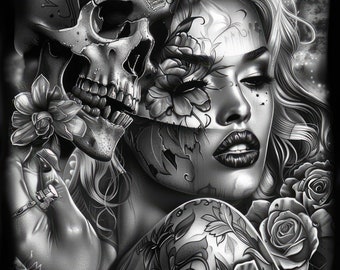 Skull Couple JPGs | 10 High Quality JPGs | Chicano Art JPG | Day of the Dead | Skeleton Couple Illustration JPG | Digital Download