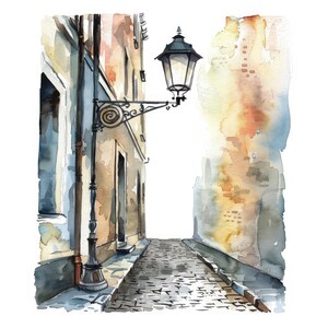 Imágenes prediseñadas de acuarela de calles de ciudades europeas con faroles: 16 imágenes JPG, pueblos históricos, paisajes nocturnos de ensueño, arte digital para sublimación