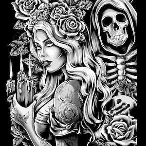 Attractive Woman Skull Chicano Art Clipart, 15 JPGs, Day of the Dead, Chola Chicana
