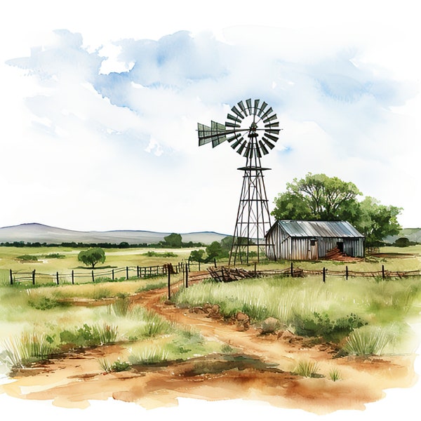 Farm Barns & Windmill Clipart, 12 High Quality JPGs, Watercolor Farms, Farm Ranch Windmill, Farmhouse Clipart Landscape Scenery Countryside