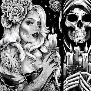 Attractive Woman Skull Chicano Art Clipart, 15 JPGs, Day of the Dead, Chola Chicana