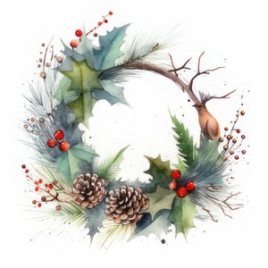 Watercolor Christmas Wreath Clipart Set: 20 Festive JPGs (Digital Download)
