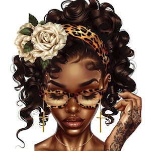 May include: A digital illustration of a woman with brown curly hair wearing a leopard print headband, gold cross earrings, and glasses with a leopard print frame. She is wearing a gold necklace and has a tattoo on her arm.