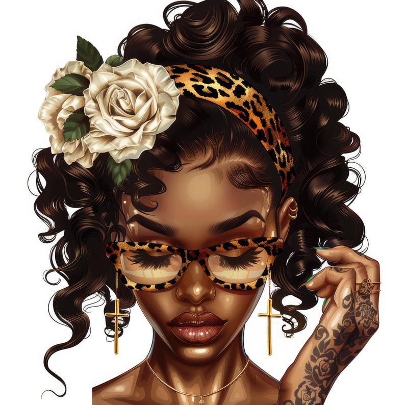 May include: A digital illustration of a woman with brown curly hair wearing a leopard print headband, gold cross earrings, and glasses with a leopard print frame. She is wearing a gold necklace and has a tattoo on her arm.