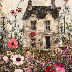 Images d'art imprimables maisons fantaisistes, clipart en téléchargement numérique, papier numérique original technique mixte ferme maisons Junk Journal Art carterie