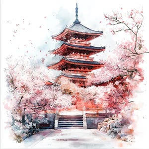 Watercolor Japanese Temple Clipart: Cherry Blossom Pagoda Art (Digital Download)