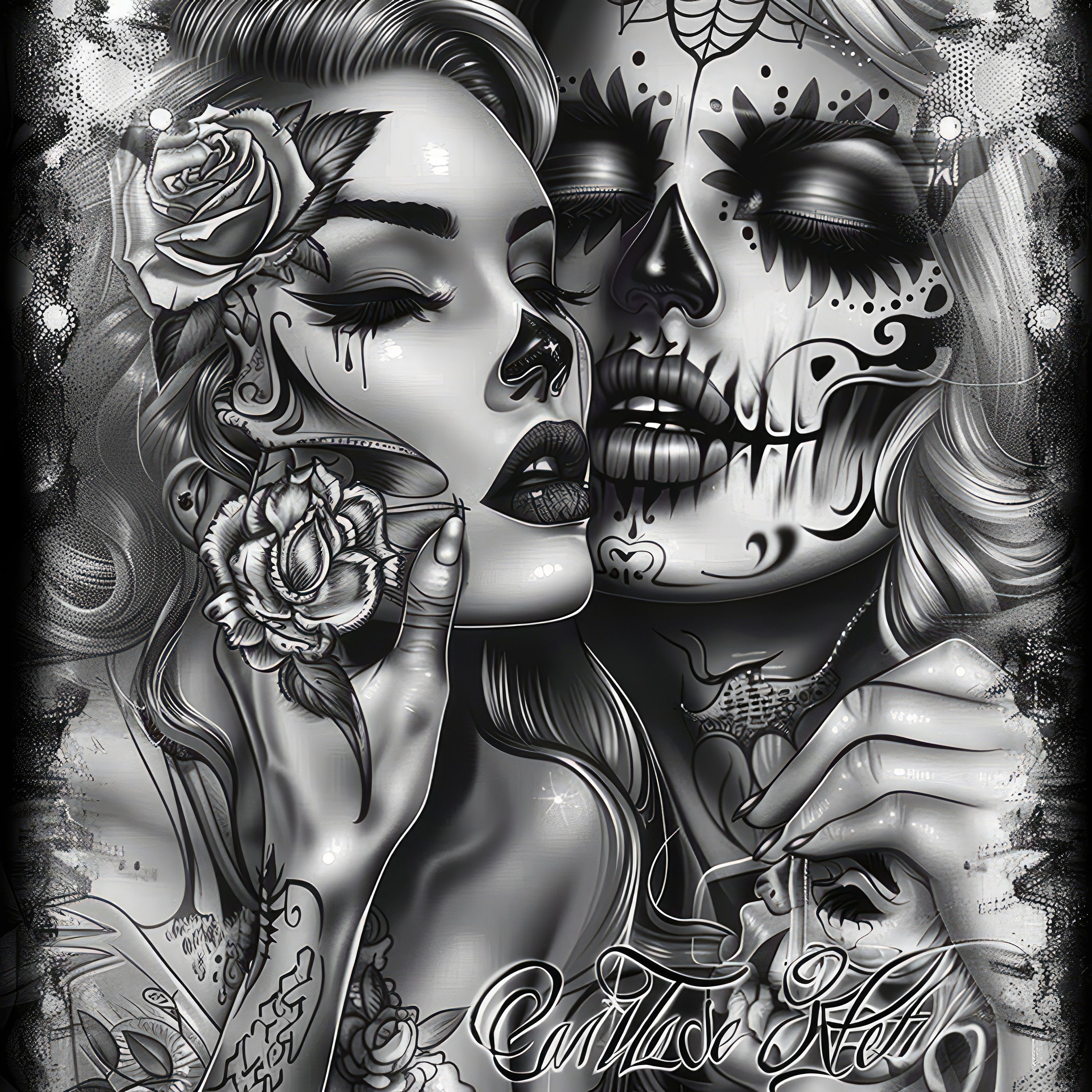 Attractive Woman Skull Chicano Art Clipart, 12 High Quality Jpgs